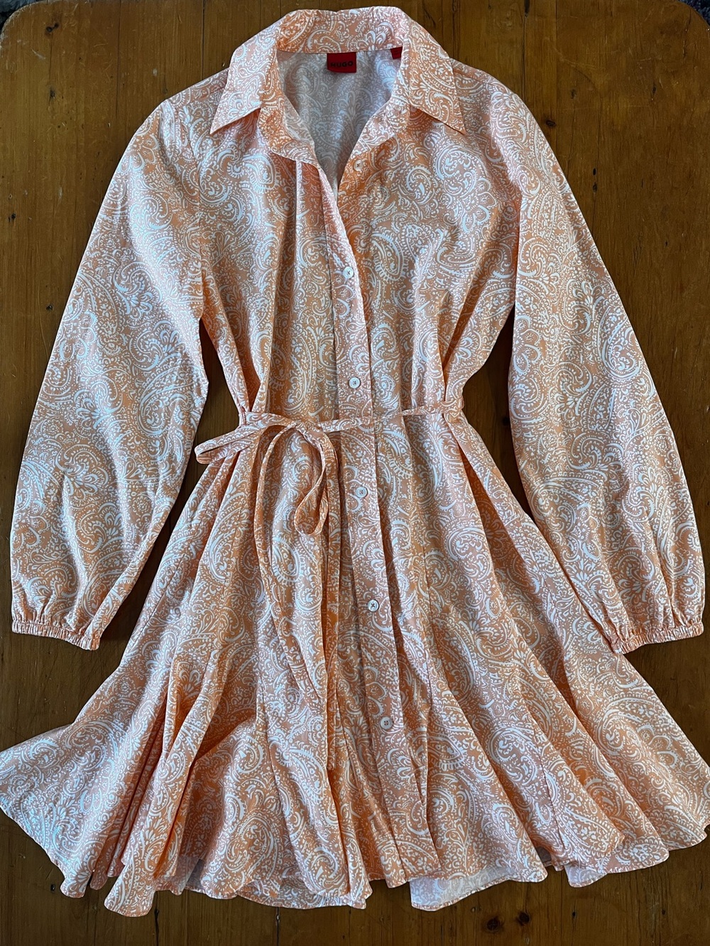 HUGO Karoma Cotton Shirt Dress Orange & White Paisley Tie-Belt Flounce Hem